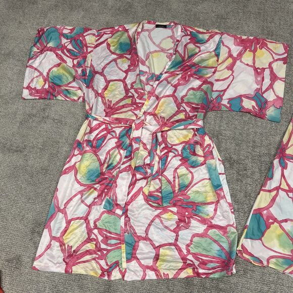 Natori Nightgown Slip Dress Robe Womens XL 1X White Pink Turquoise Silky Floral - Picture 3 of 12